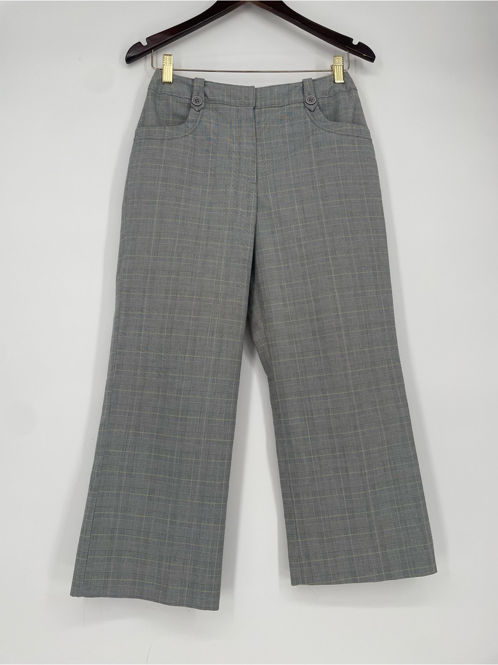 Y2K 90s Plaid Gray Larry Levine Stretch Cropped Ankle Pants Lime Green Stripes